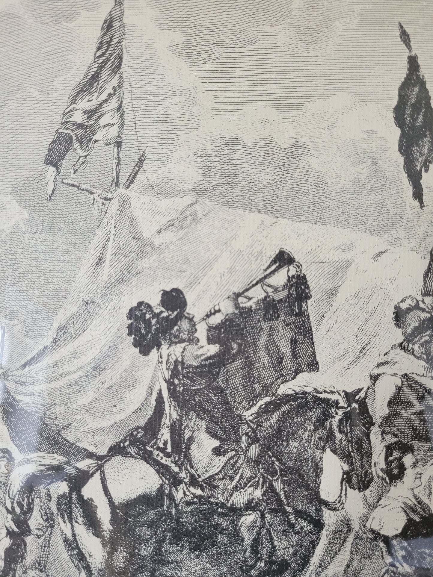 Antike Grafik nach Wouwermans Soldaten auf Schlachtpferden