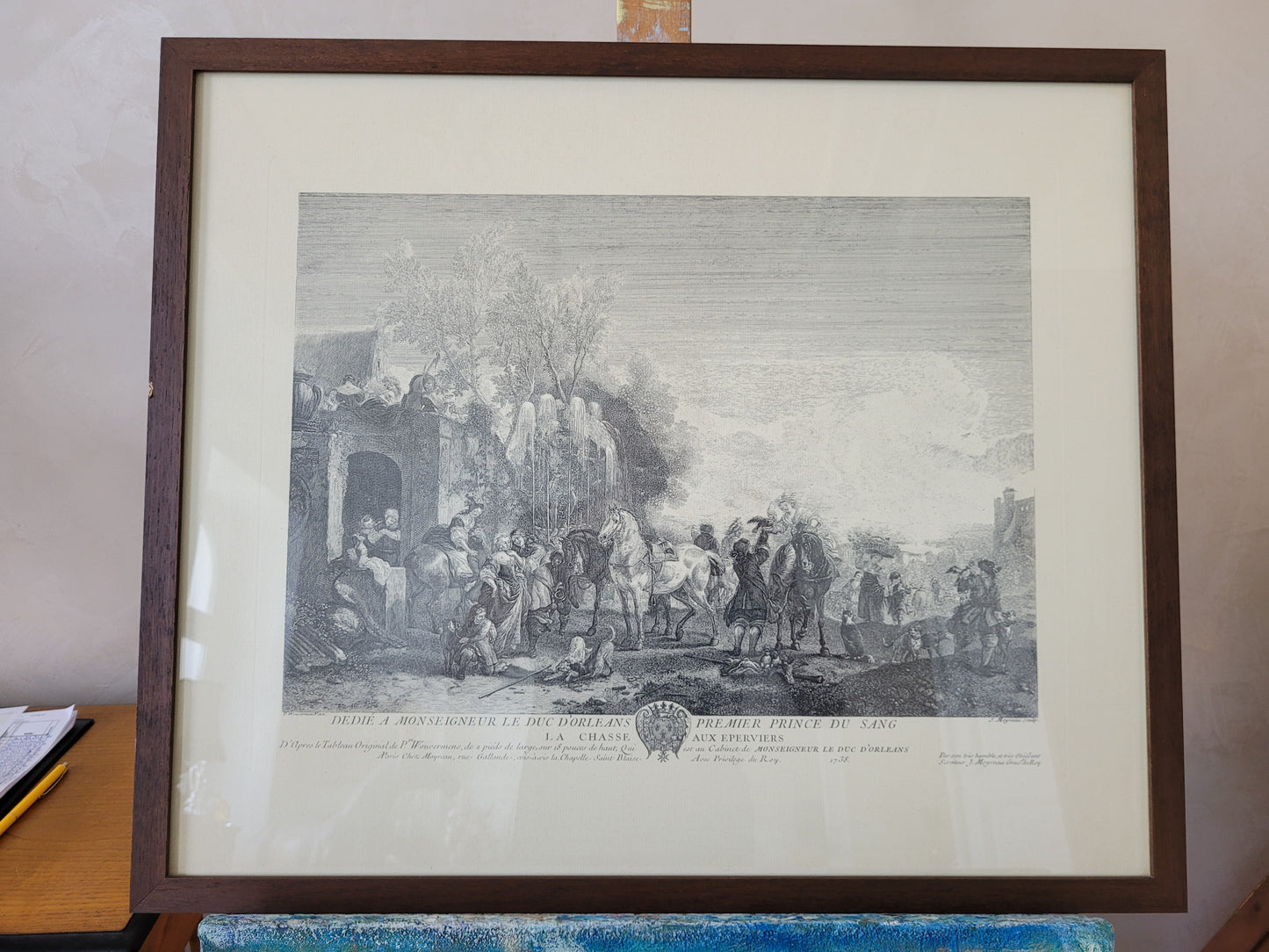 Grafik nach P.Wouwermans Szenerie mit Pferden und Menschen