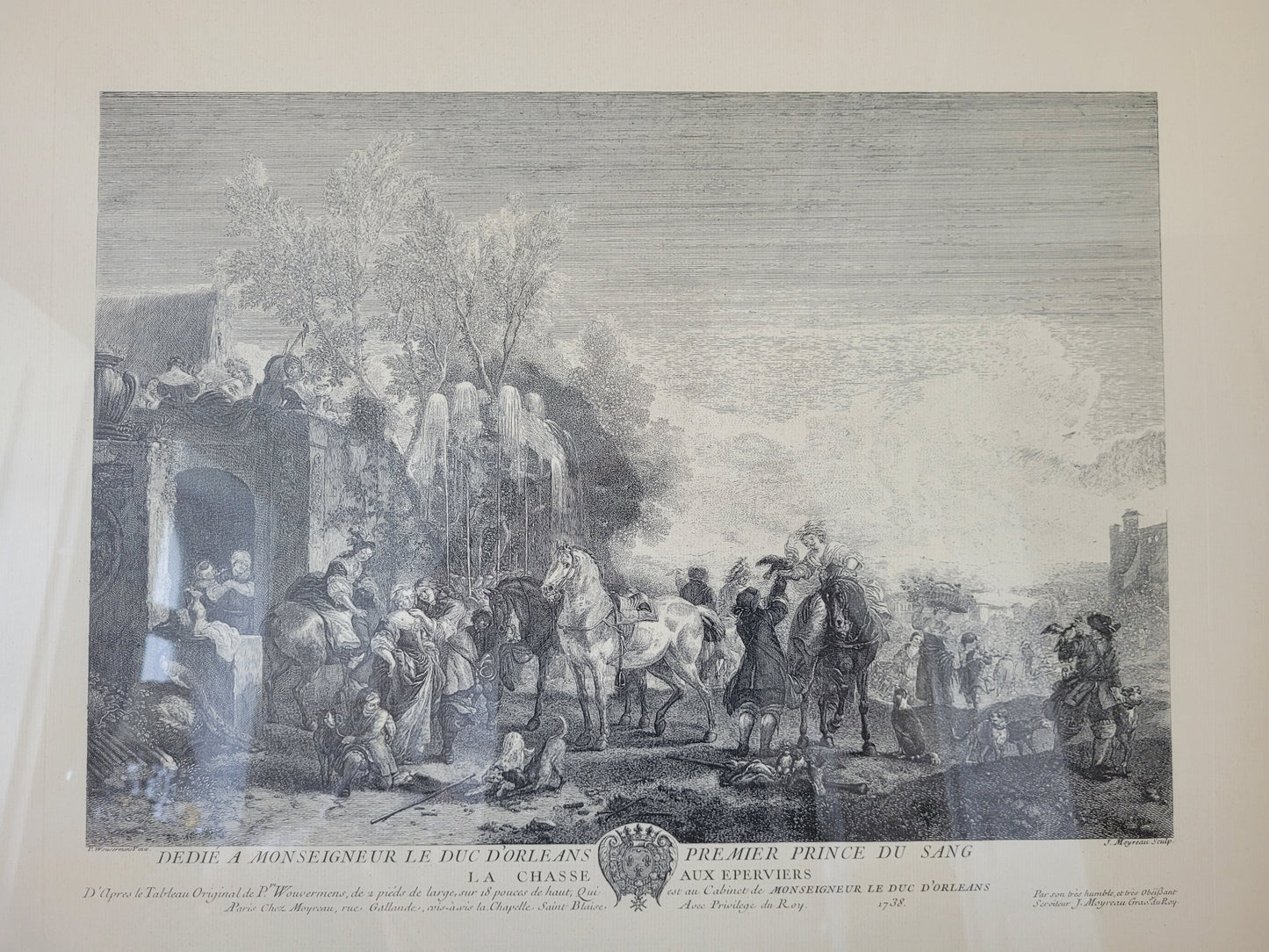 Grafik nach P.Wouwermans Szenerie mit Pferden und Menschen