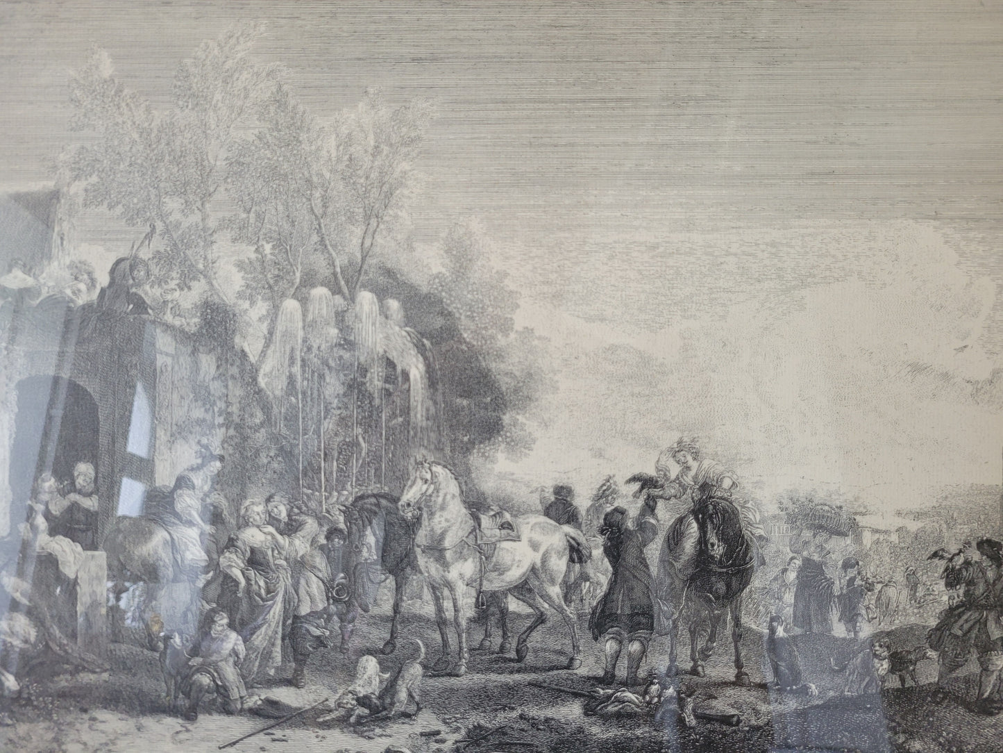 Grafik nach P.Wouwermans Szenerie mit Pferden und Menschen