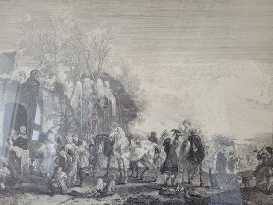 Grafik nach P.Wouwermans Szenerie mit Pferden und Menschen