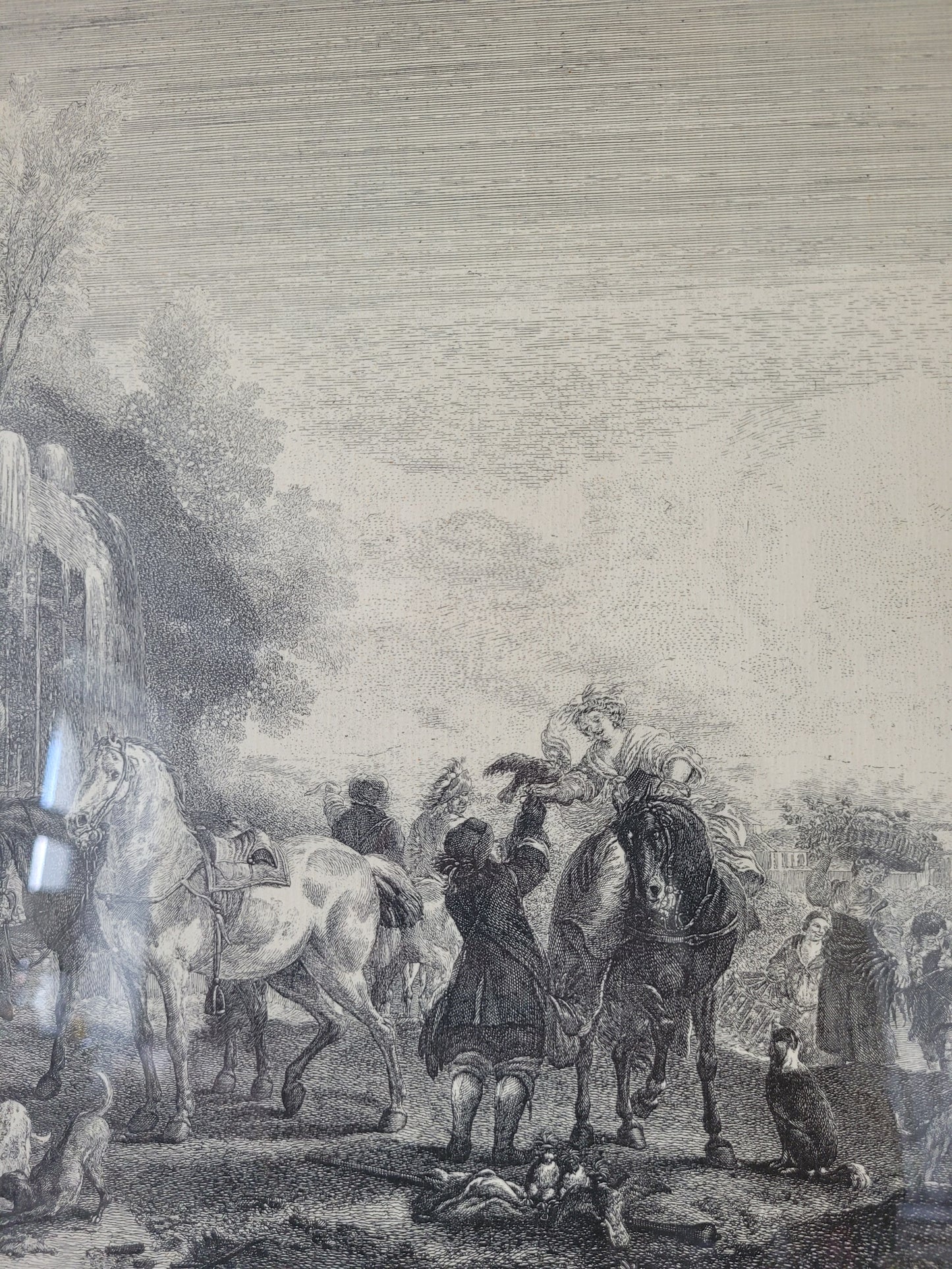 Grafik nach P.Wouwermans Szenerie mit Pferden und Menschen