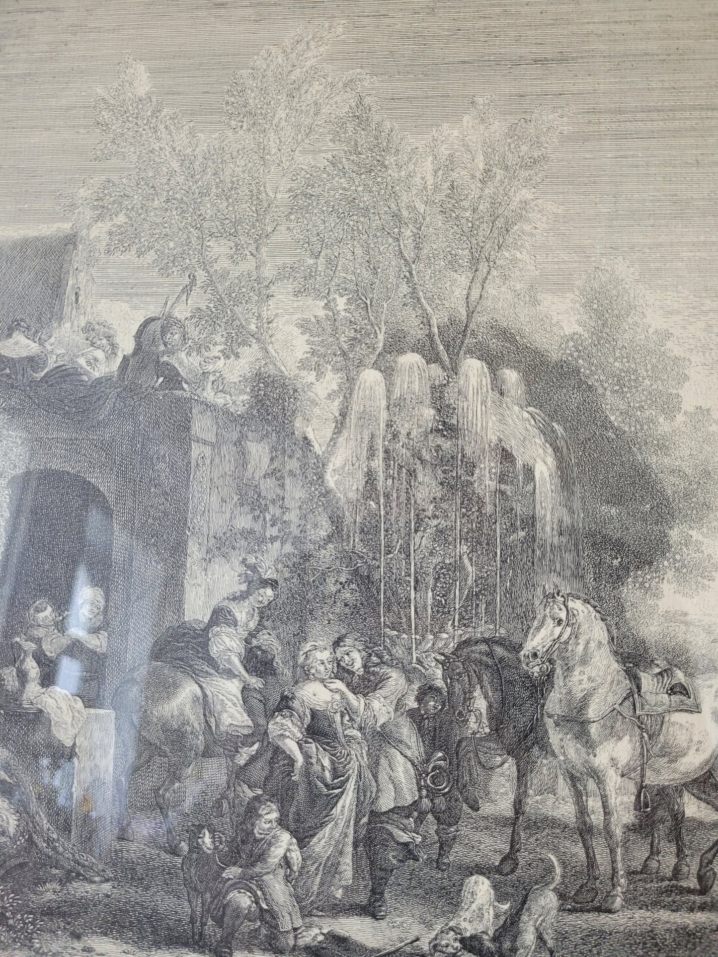 Grafik nach P.Wouwermans Szenerie mit Pferden und Menschen