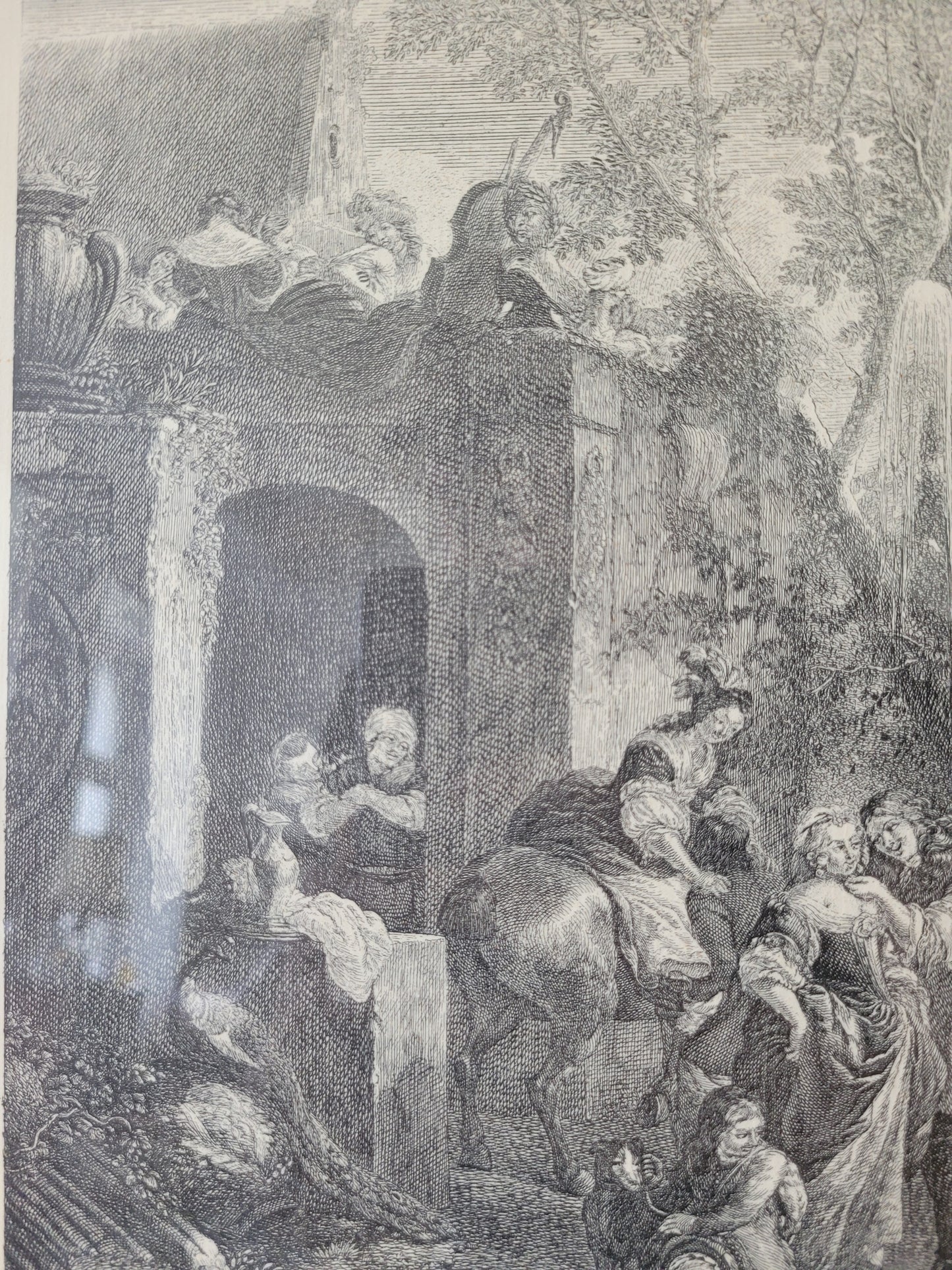 Grafik nach P.Wouwermans Szenerie mit Pferden und Menschen