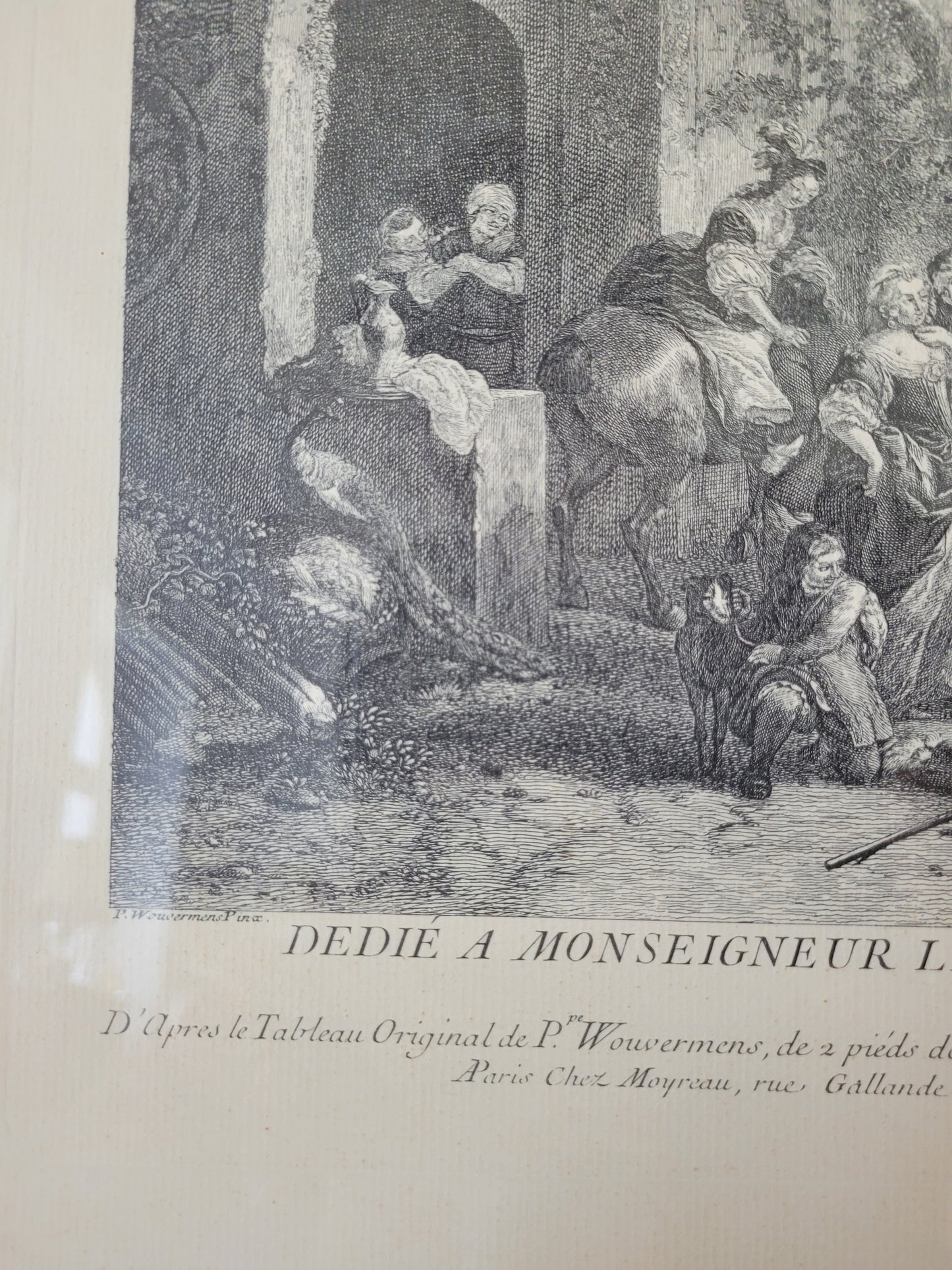 Grafik nach P.Wouwermans Szenerie mit Pferden und Menschen