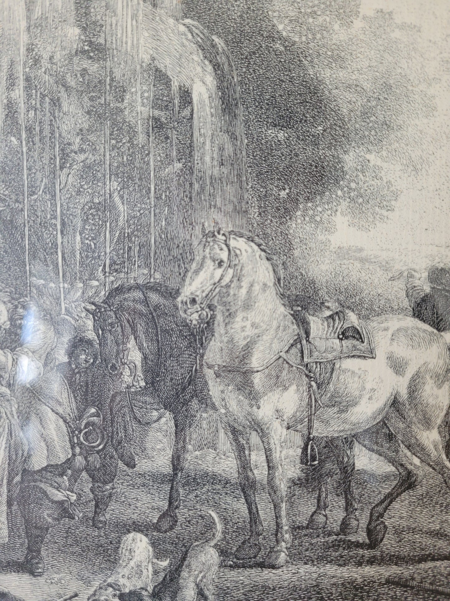 Grafik nach P.Wouwermans Szenerie mit Pferden und Menschen