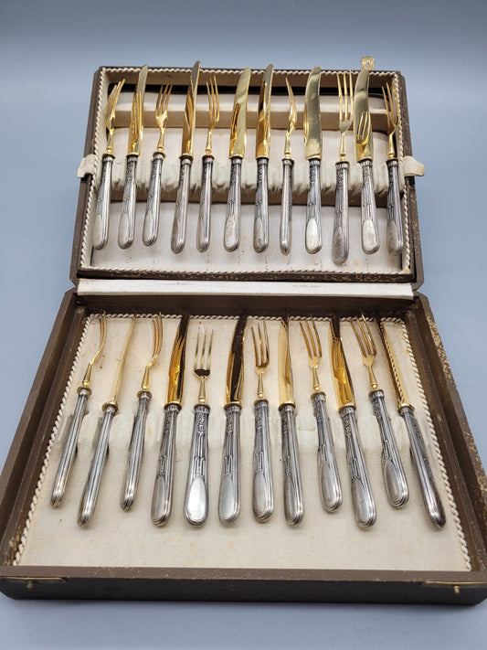 Biedermeier Tafelbesteck Fischbesteck 12 Pers. 800er Silber Klingen Vergoldet