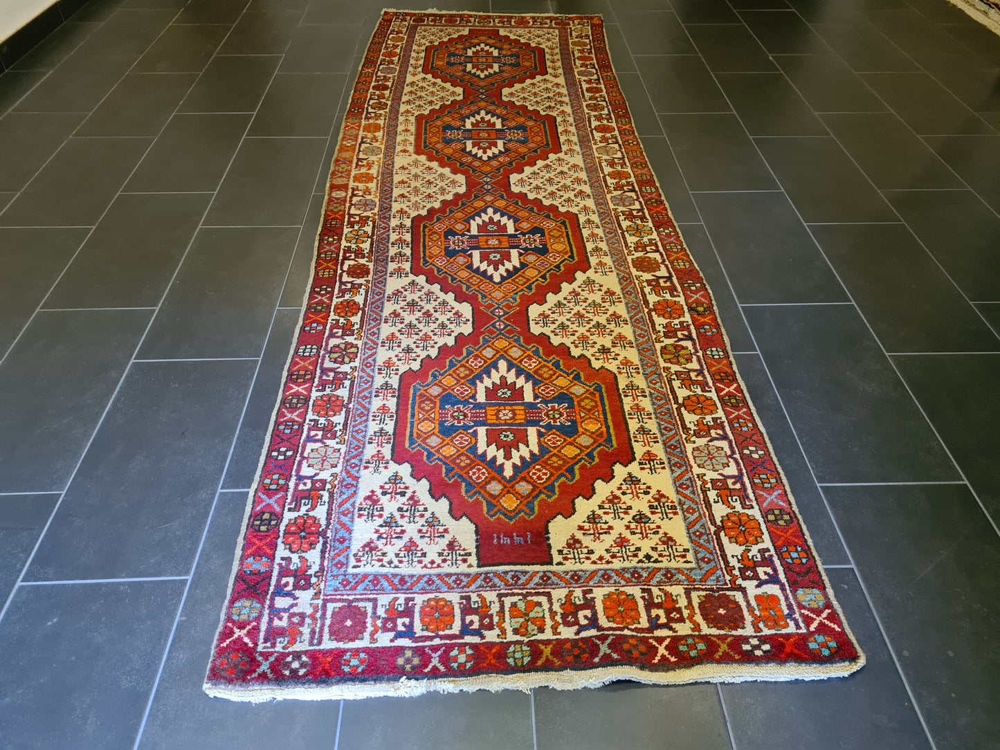 Seltener Antiker Handgeknüpfter Perser Heris Läufer Orientteppich 337x108cm