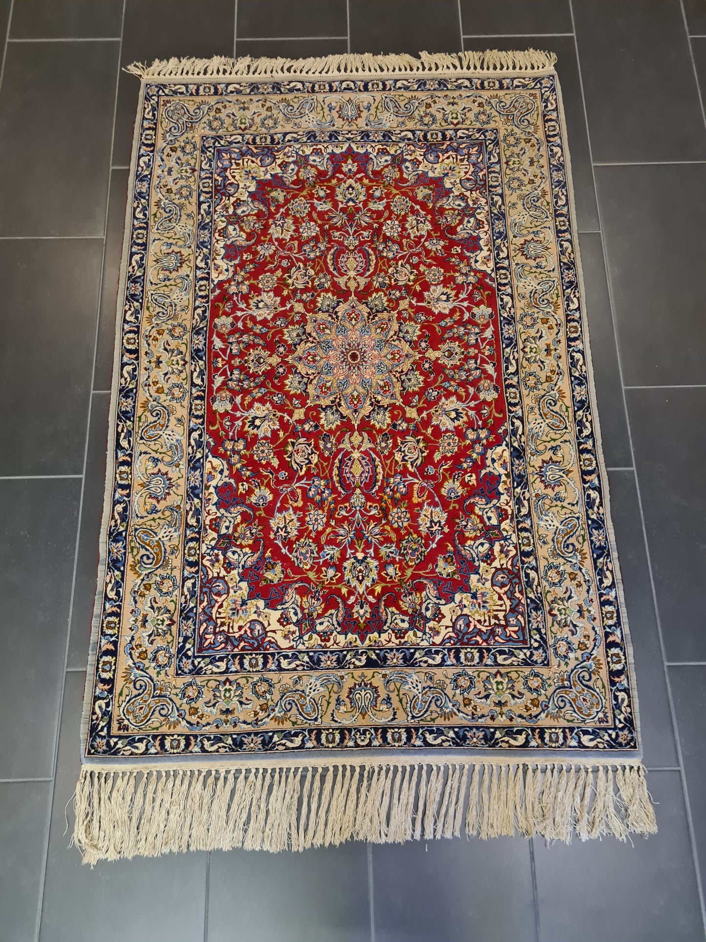 Feiner Handgeknüpfter Isfahan Perser Teppich Seiden Orientteppich 170x110cm