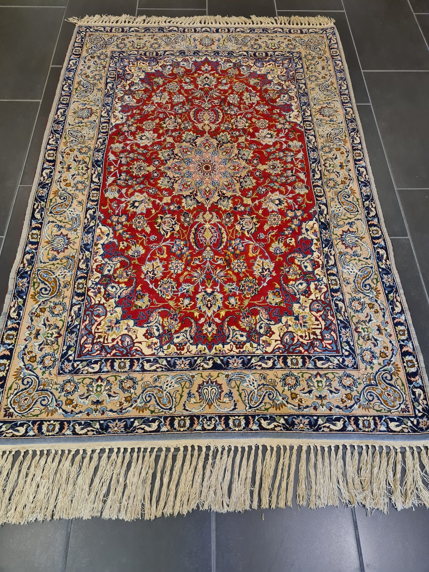 Feiner Handgeknüpfter Isfahan Perser Teppich Seiden Orientteppich 170x110cm