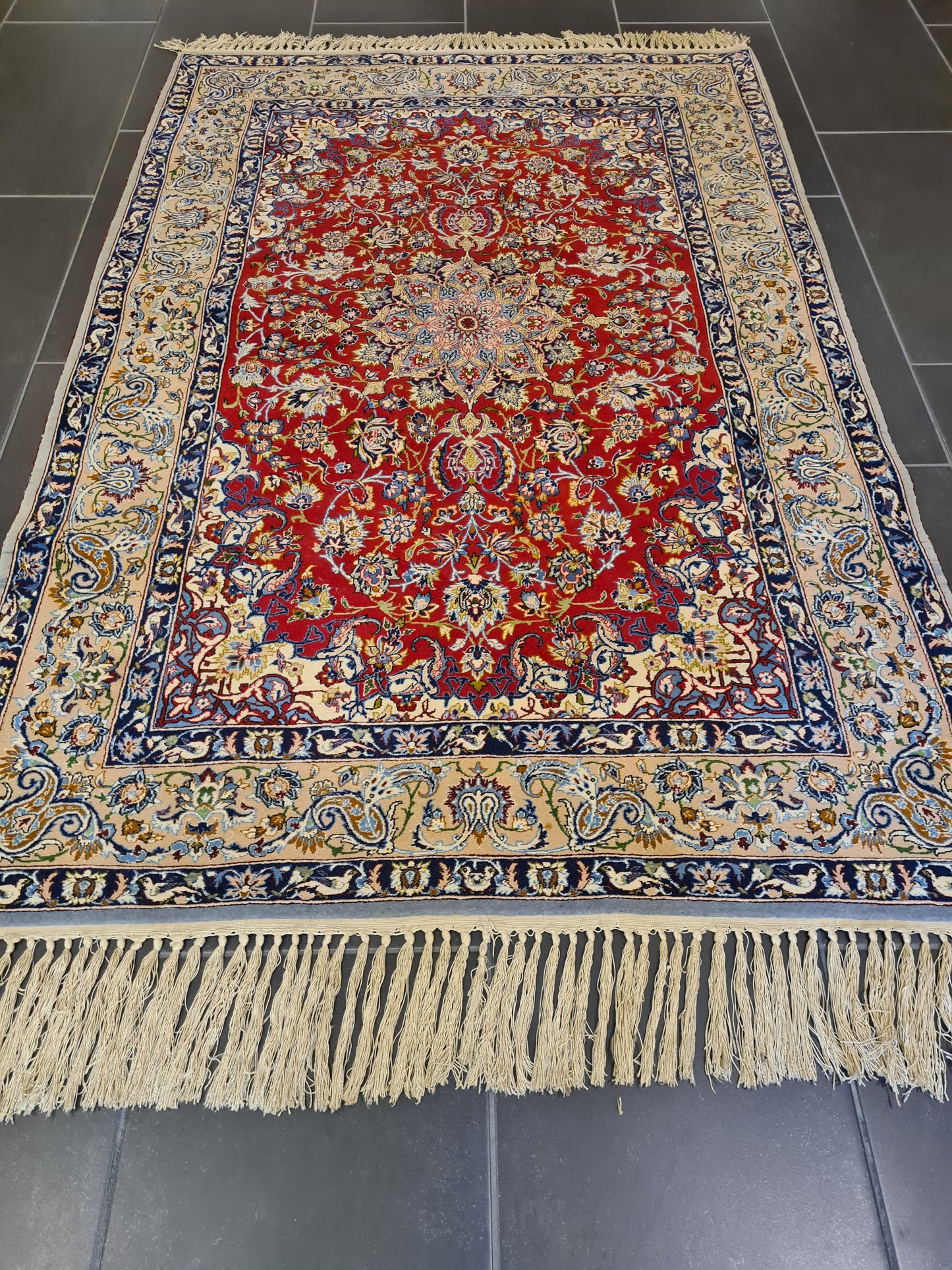 Feiner Handgeknüpfter Isfahan Perser Teppich Seiden Orientteppich 170x110cm