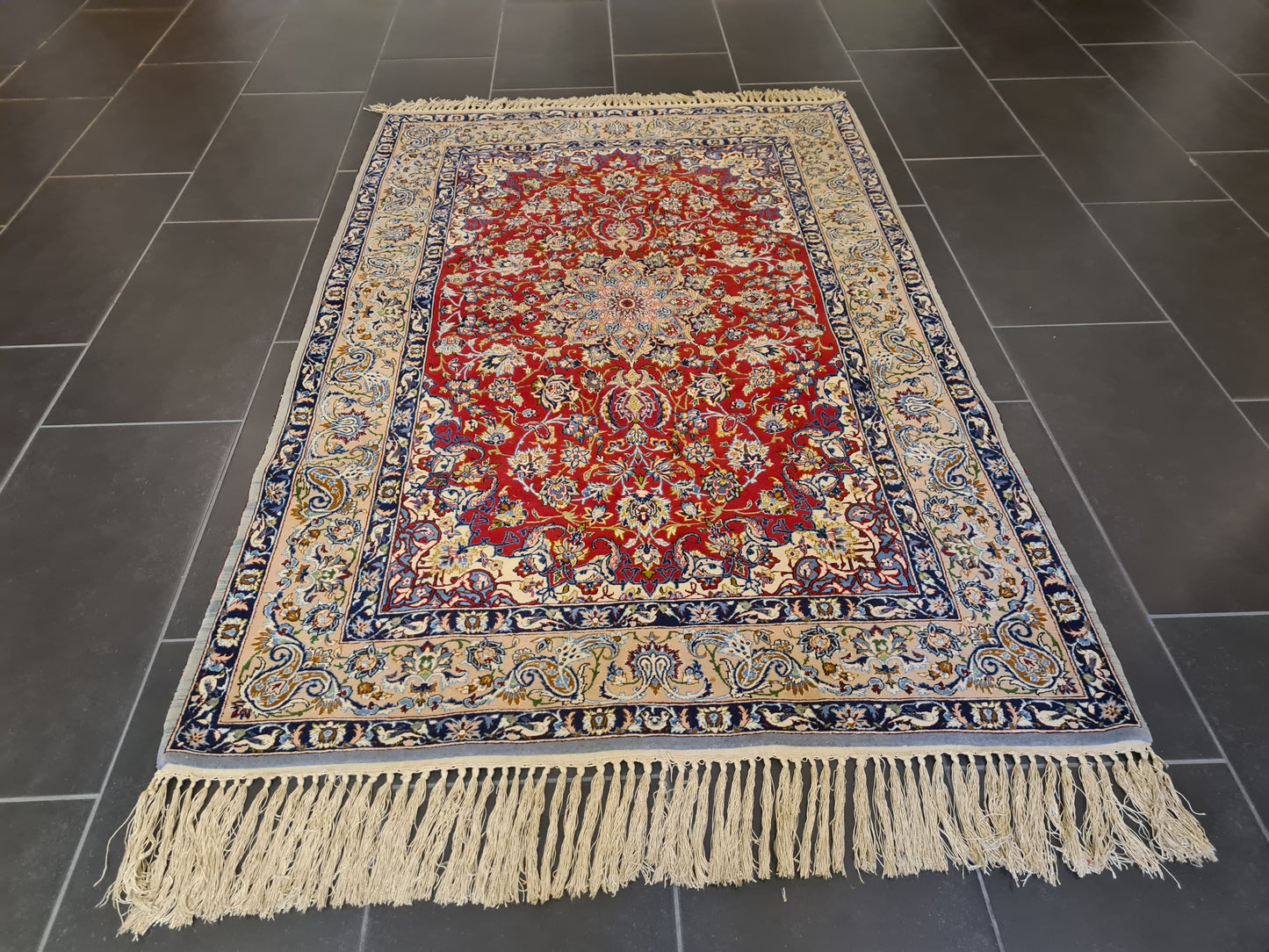 Feiner Handgeknüpfter Isfahan Perser Teppich Seiden Orientteppich 170x110cm