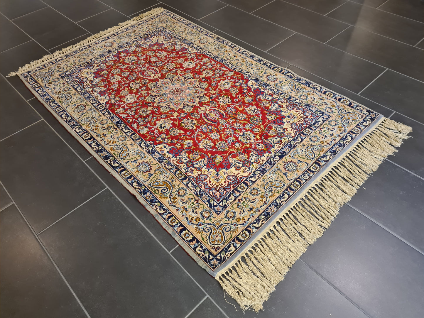 Feiner Handgeknüpfter Isfahan Perser Teppich Seiden Orientteppich 170x110cm