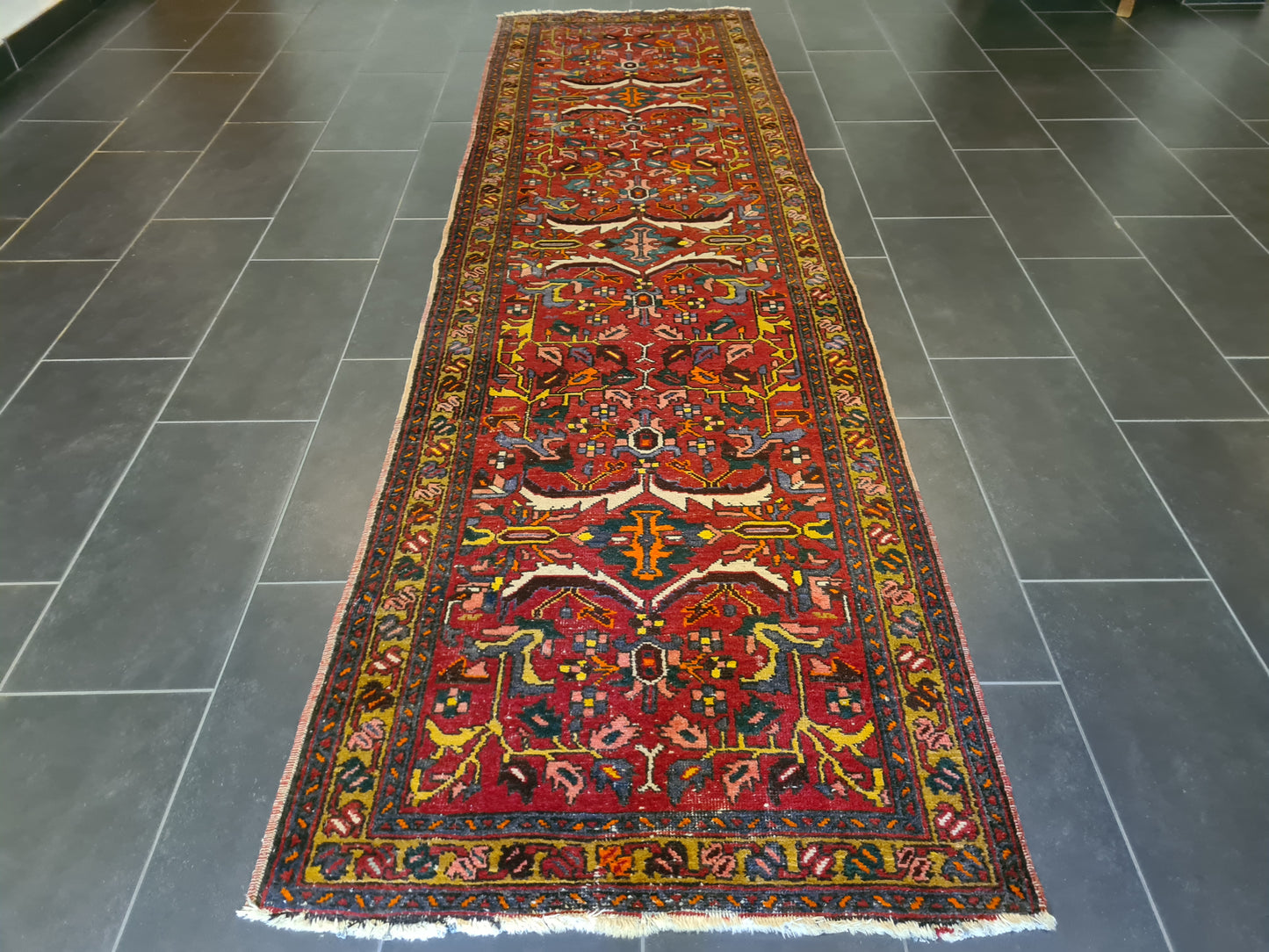 Antiker Handgeknüpfter Perser Teppich Heris Orientteppich 336x95cm