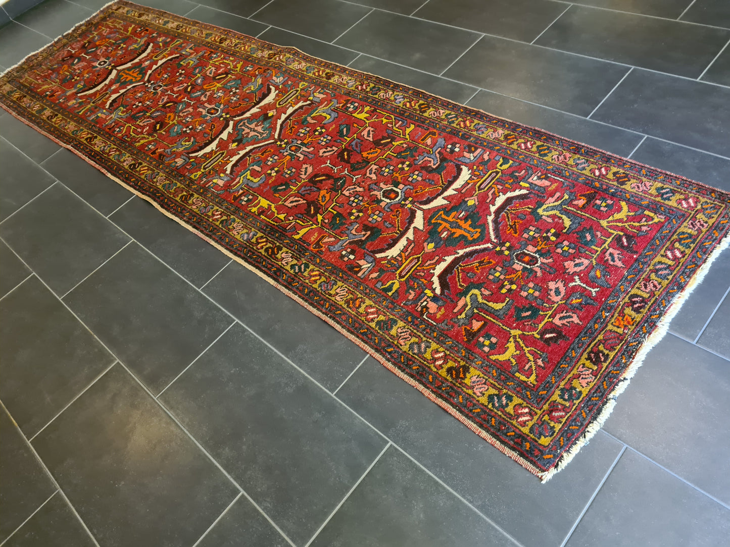 Antiker Handgeknüpfter Perser Teppich Heris Orientteppich 336x95cm