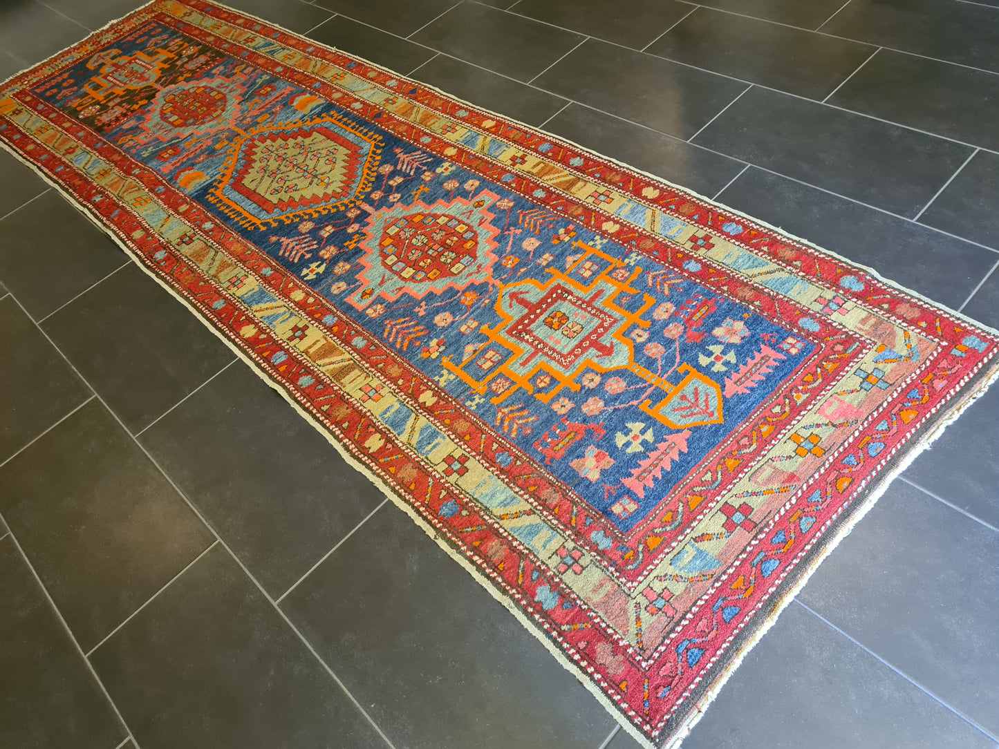 Antiker Handgeknüpfter Heris Perser Teppich Orientteppich 347x107cm