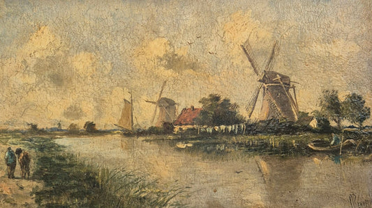 Ölgemälde Gemälde Holländische Schule (XX) Flusslandschaft Mühlen 44x60cm