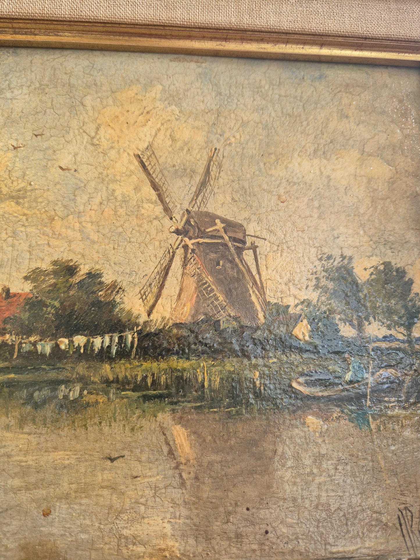 Ölgemälde Gemälde Holländische Schule (XX) Flusslandschaft Mühlen 44x60cm