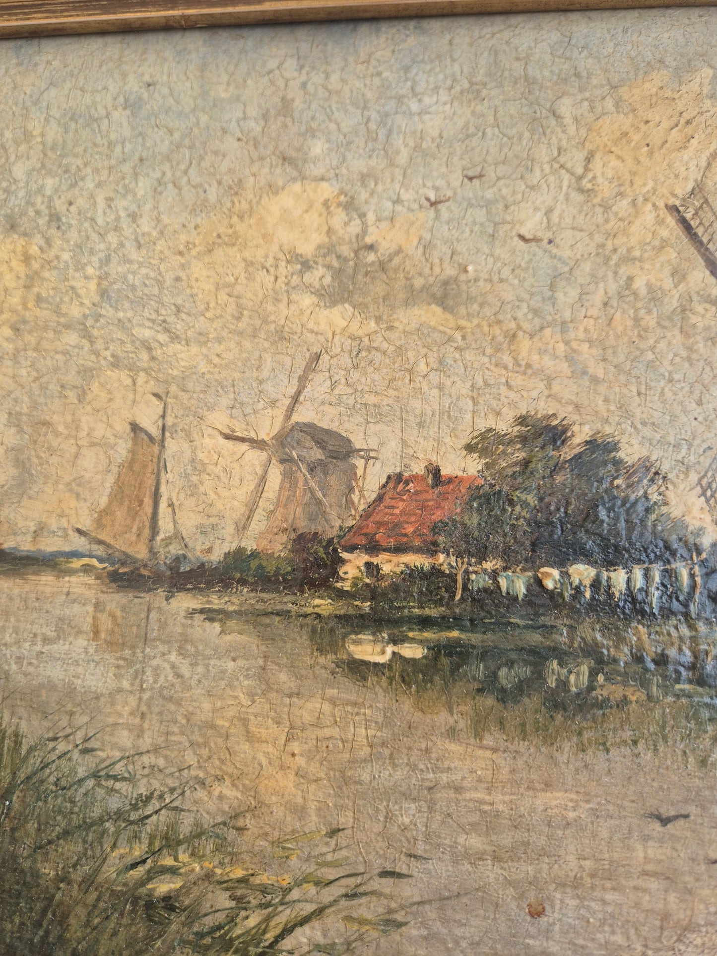 Ölgemälde Gemälde Holländische Schule (XX) Flusslandschaft Mühlen 44x60cm