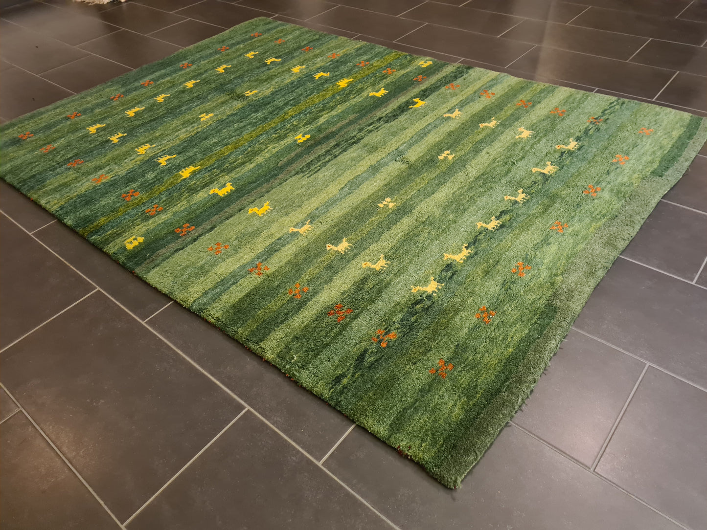 Dekorativer Handgeknüpfter Perserteppich Gabbeh Teppich Tiermotive 224x162cm