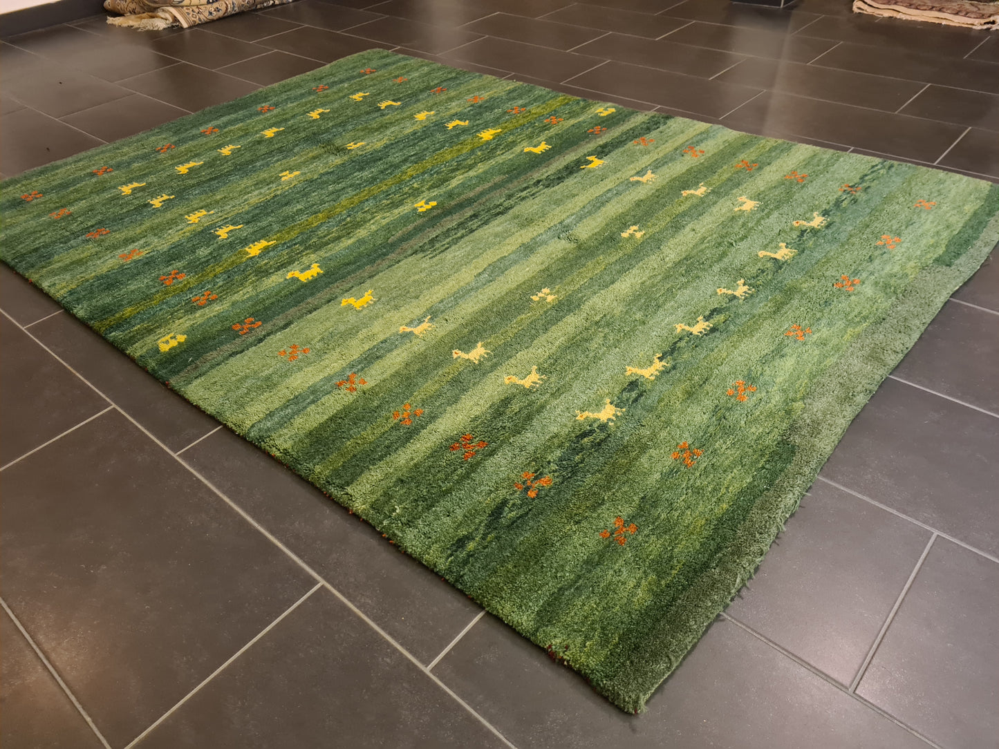 Dekorativer Handgeknüpfter Perserteppich Gabbeh Teppich Tiermotive 224x162cm