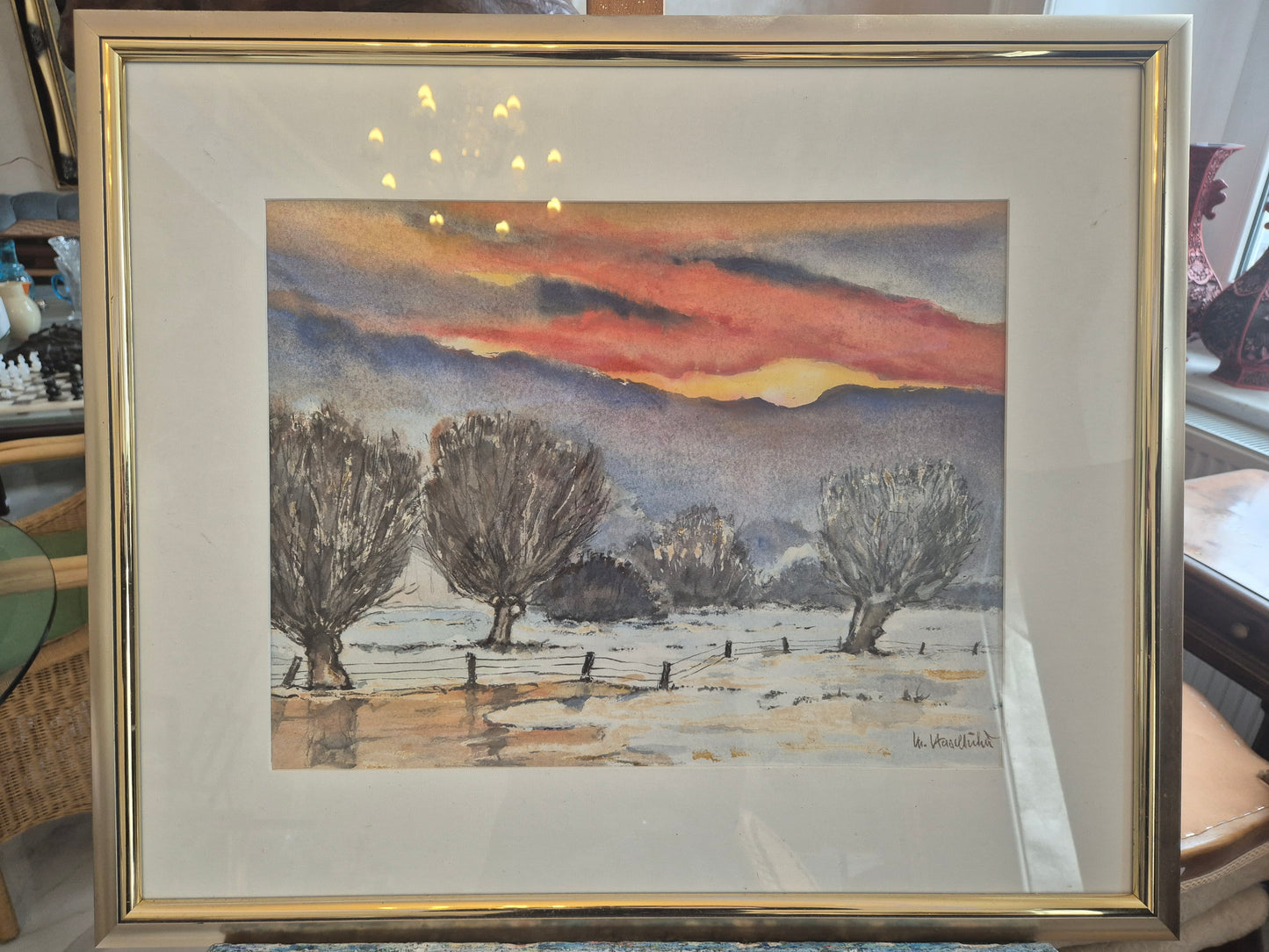 Aquarell Gemälde Deutsche Schule (XX) Handsigniert Winter Abendrot