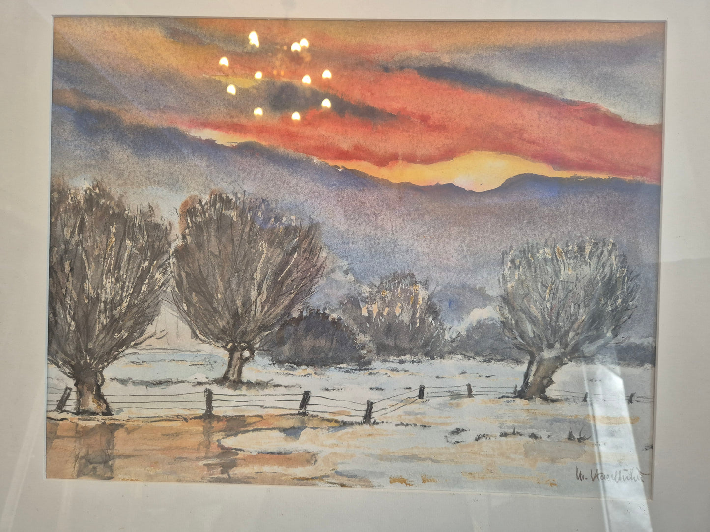 Aquarell Gemälde Deutsche Schule (XX) Handsigniert Winter Abendrot