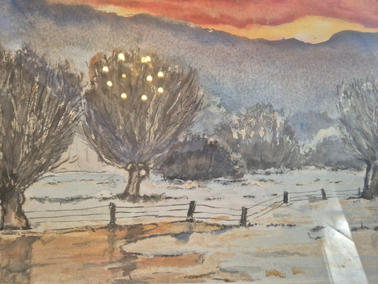 Aquarell Gemälde Deutsche Schule (XX) Handsigniert Winter Abendrot