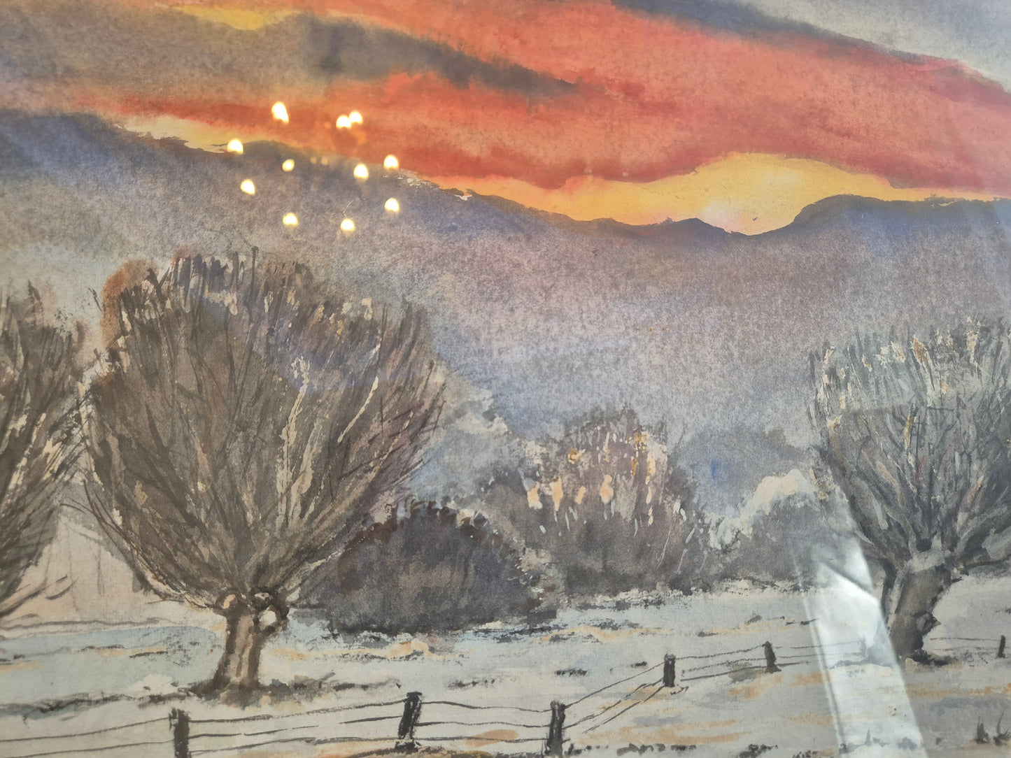 Aquarell Gemälde Deutsche Schule (XX) Handsigniert Winter Abendrot