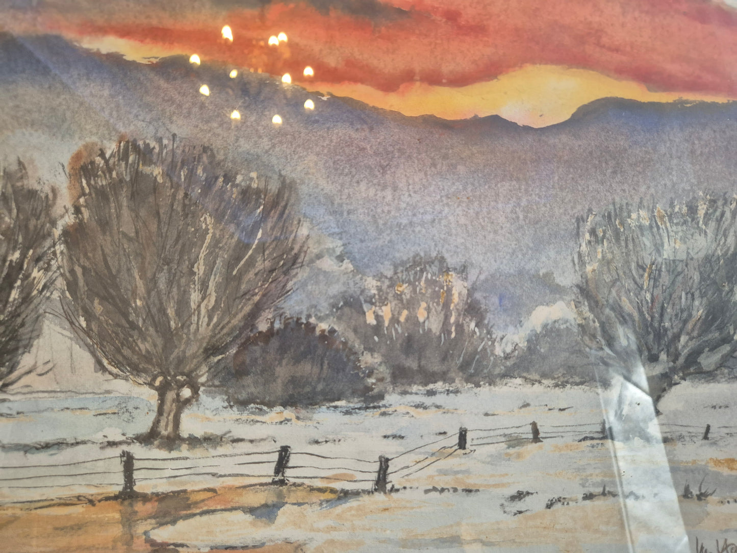 Aquarell Gemälde Deutsche Schule (XX) Handsigniert Winter Abendrot