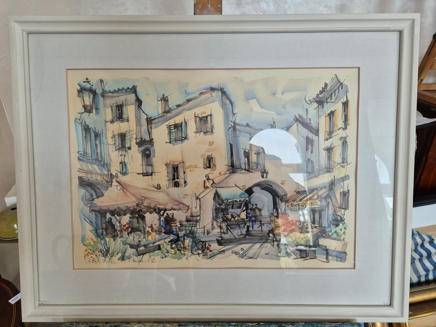 Aquarell Europäische Schule 1986 Markt in einer Stadt 65,5x51 cm