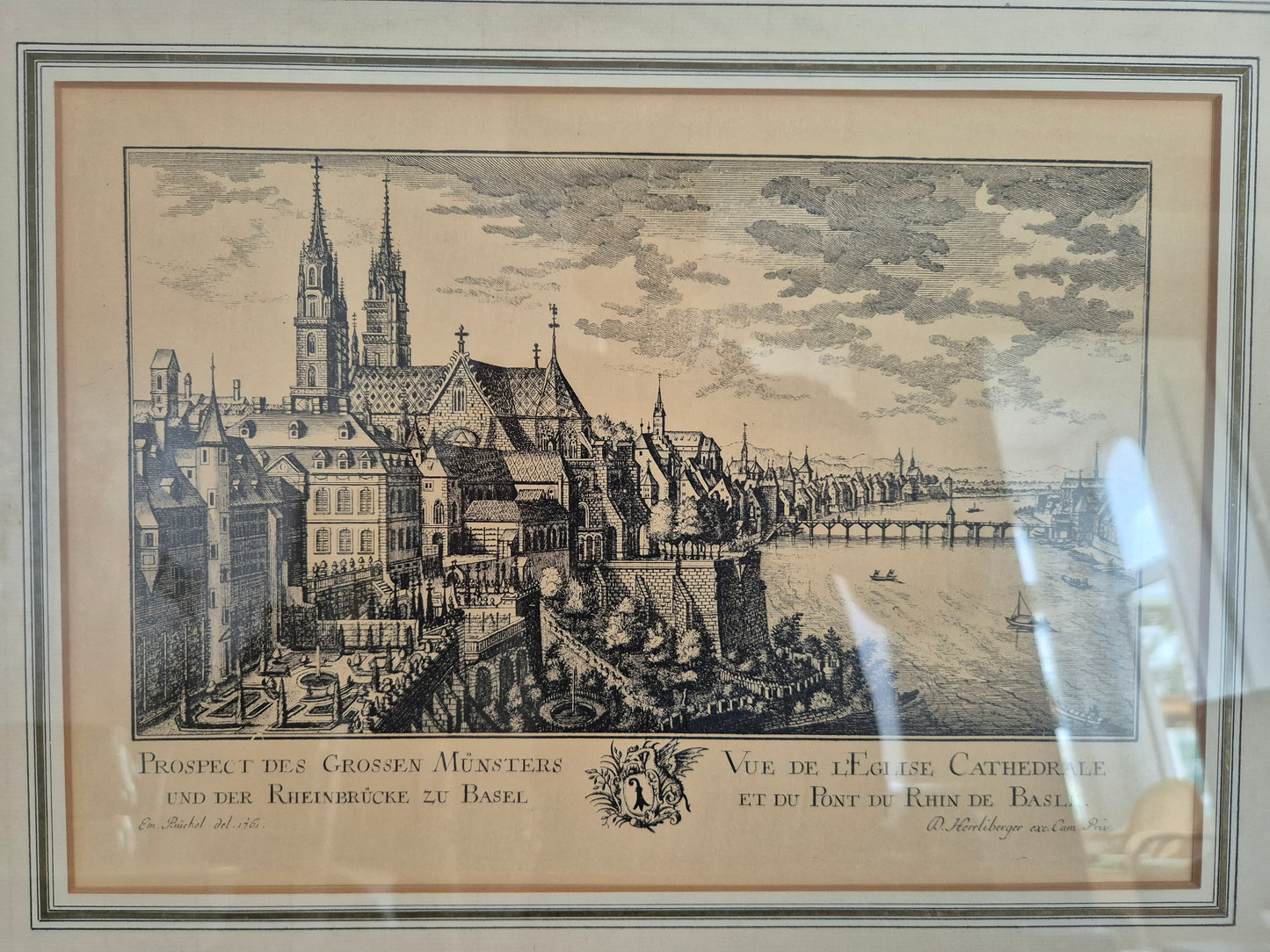Radierung Grosses Münster und Rheinbrücke Basel 50x40 cm