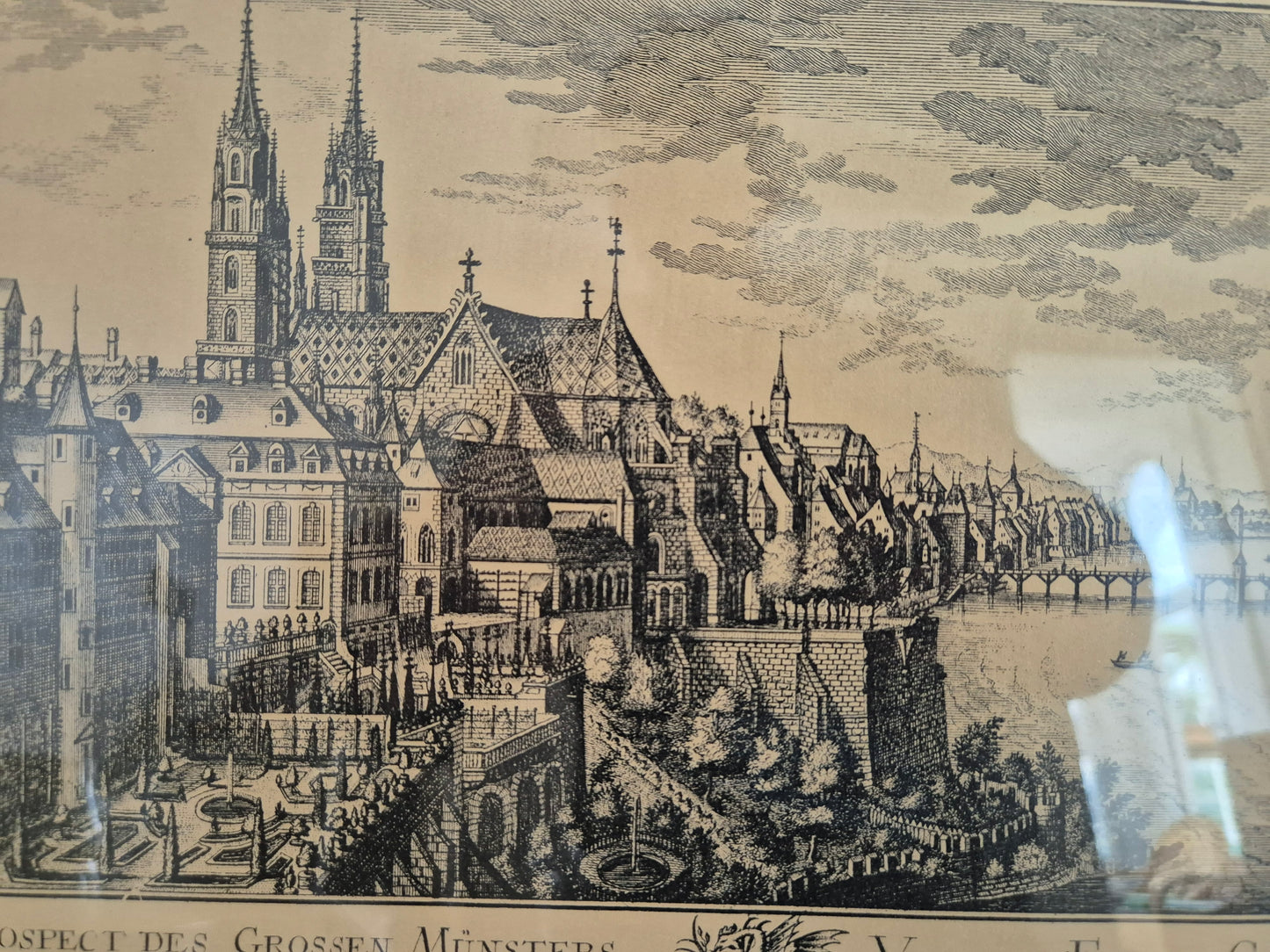 Radierung Grosses Münster und Rheinbrücke Basel 50x40 cm