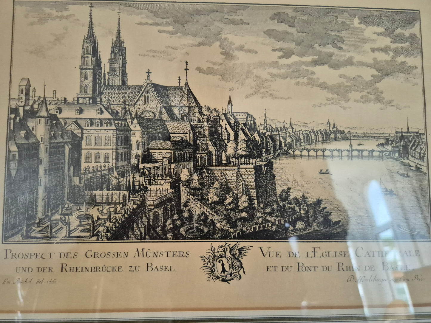 Radierung Grosses Münster und Rheinbrücke Basel 50x40 cm