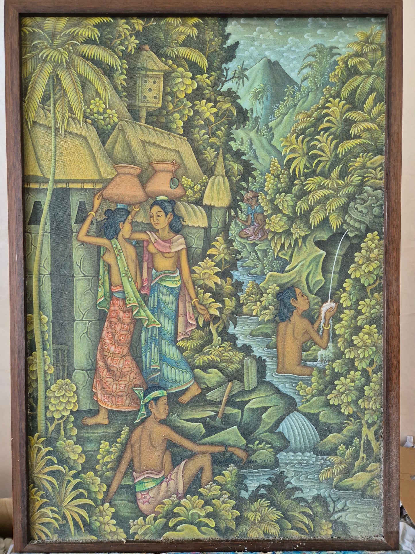 Indonesische Malerei (XX) Ölgemälde Bali Dorf und Naturmotiv 48x68 cm