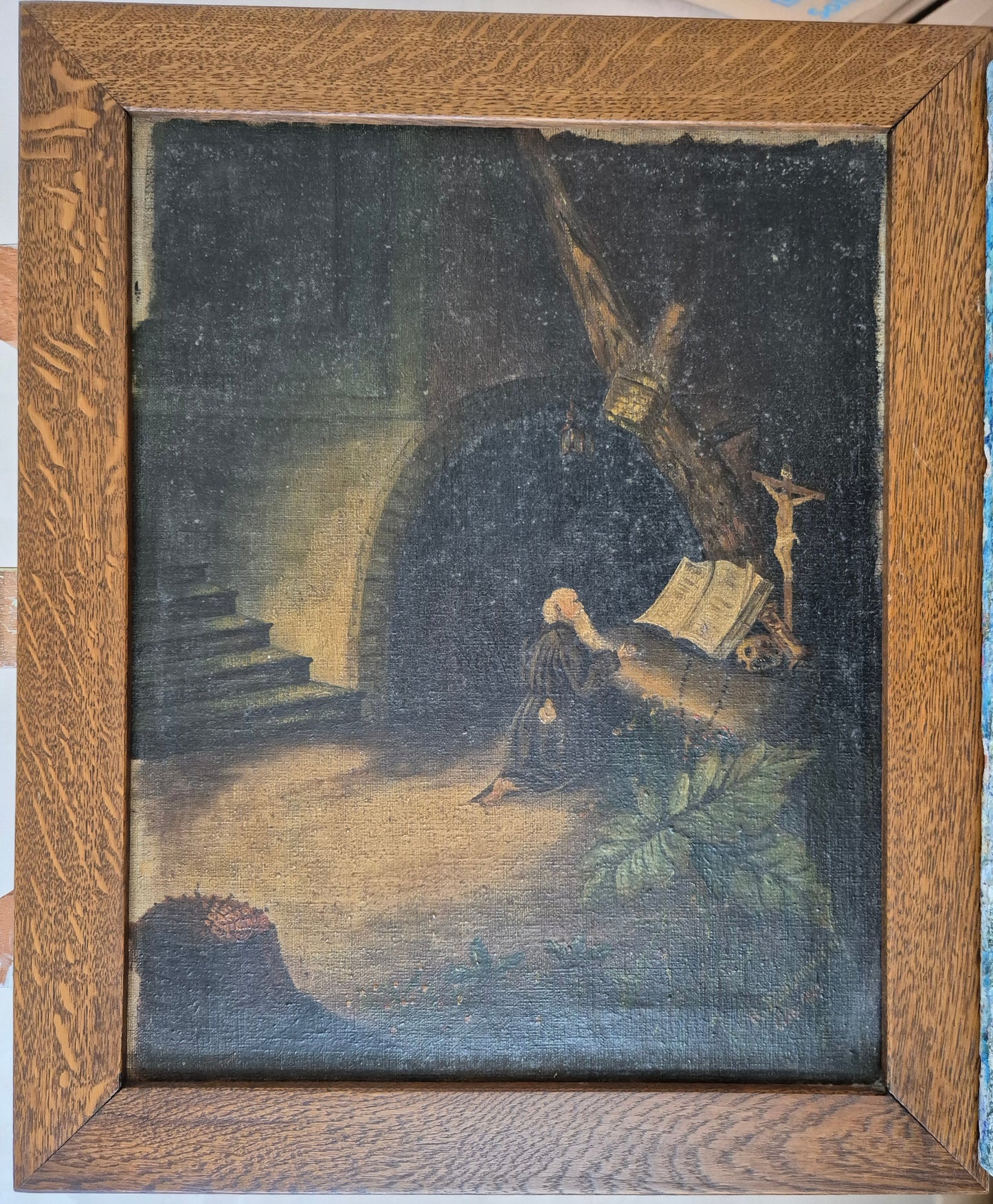 Ölgemälde Handsigniert 20 Century büßender Mönch Gebet 44x52,5 cm