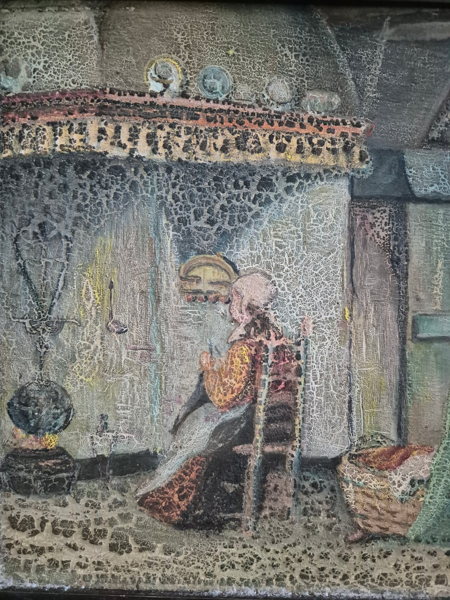 Europäische Schule (XX) Ölgemälde Alte Frau beim Nähen 38x30 cm