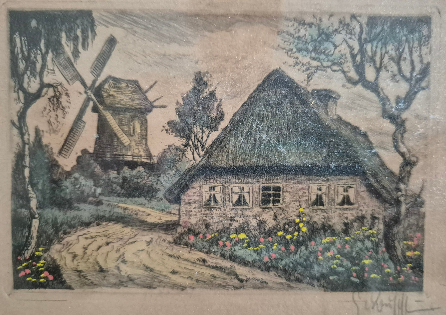 Farblithographie Handsigniert Landschaft mit Haus und Windmühle