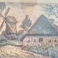 Farblithographie Handsigniert Landschaft mit Haus und Windmühle