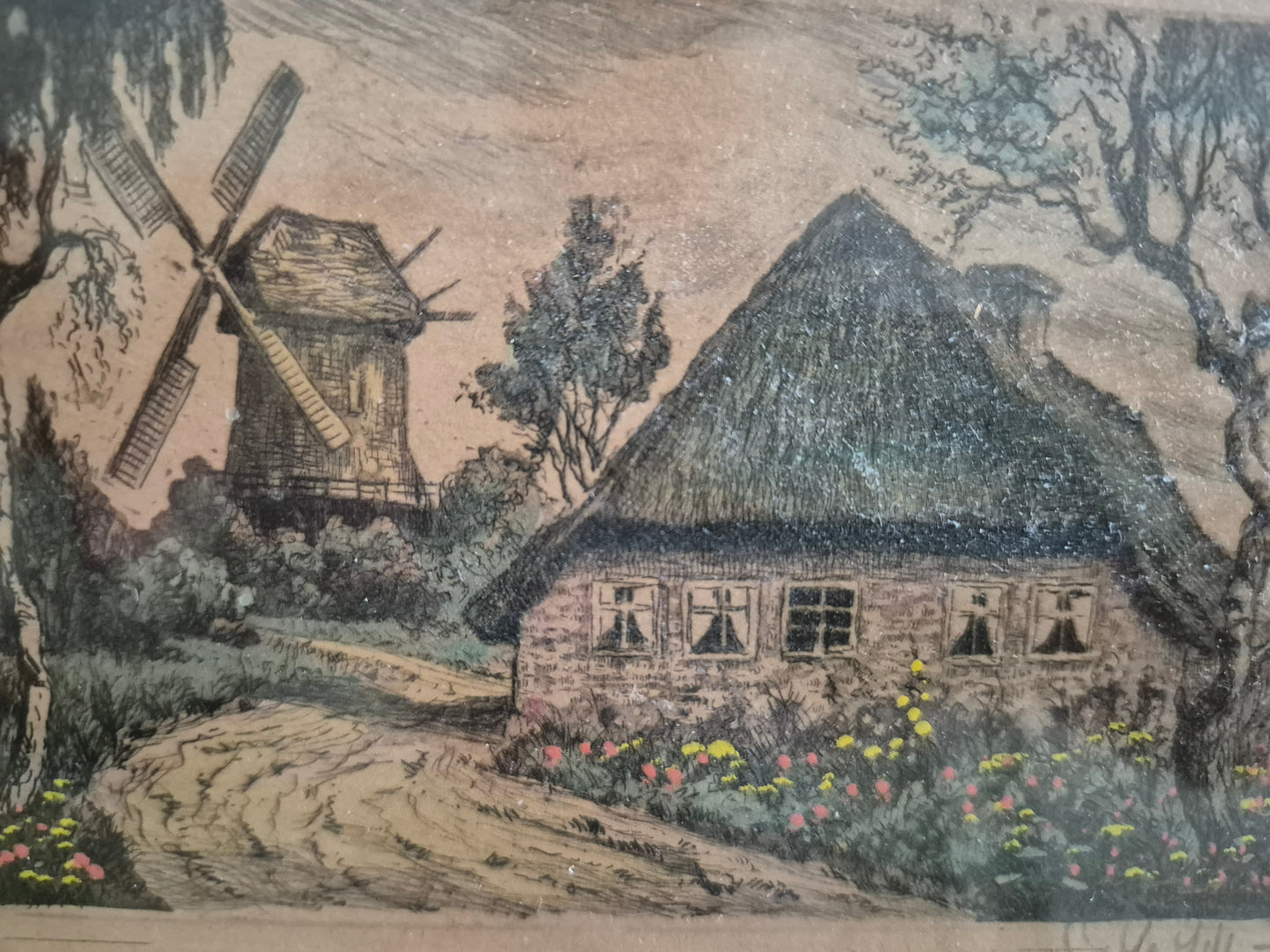 Farblithographie Handsigniert Landschaft mit Haus und Windmühle