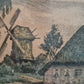 Farblithographie Handsigniert Landschaft mit Haus und Windmühle