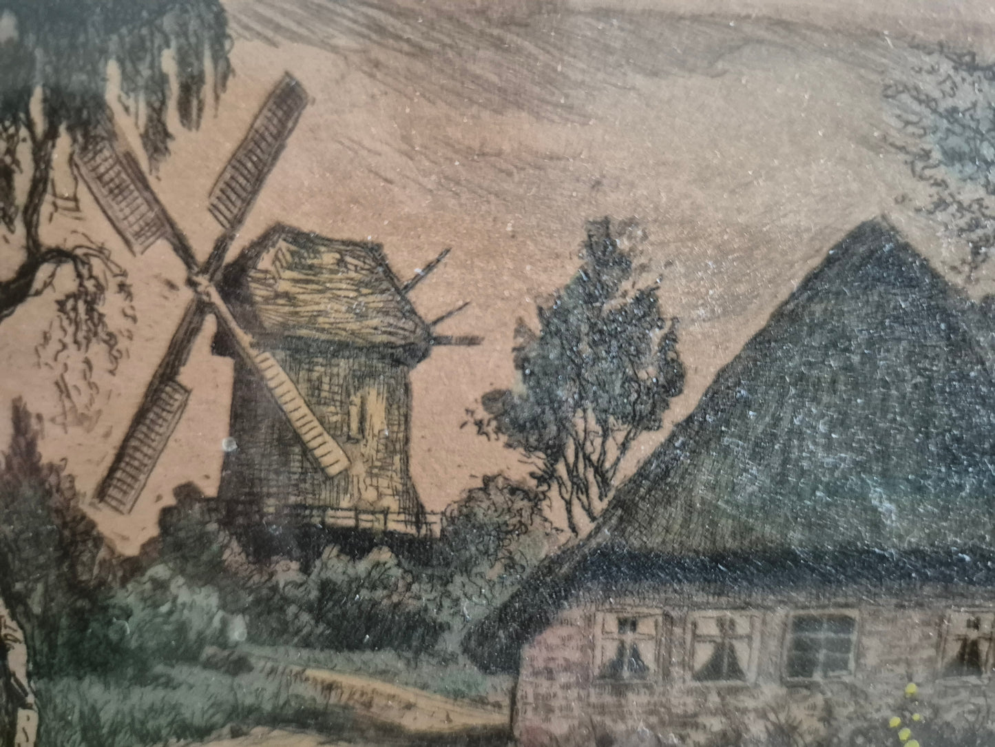 Farblithographie Handsigniert Landschaft mit Haus und Windmühle