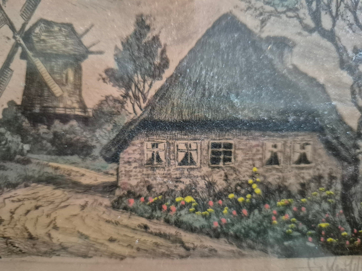 Farblithographie Handsigniert Landschaft mit Haus und Windmühle