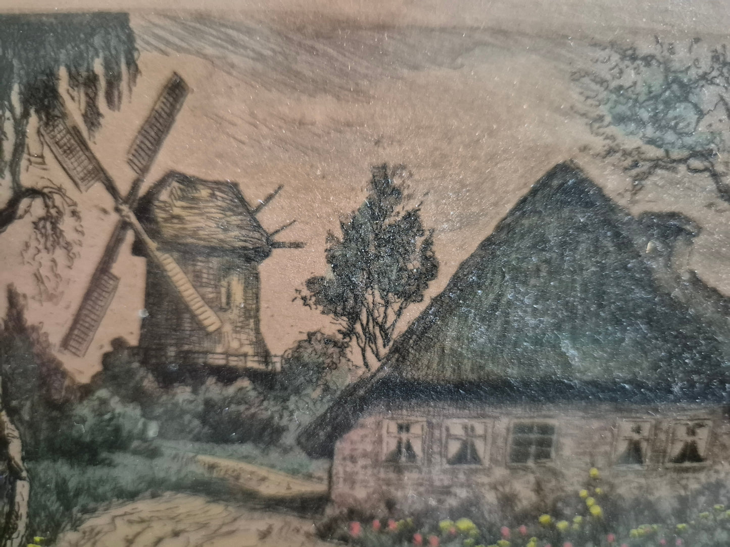 Farblithographie Handsigniert Landschaft mit Haus und Windmühle