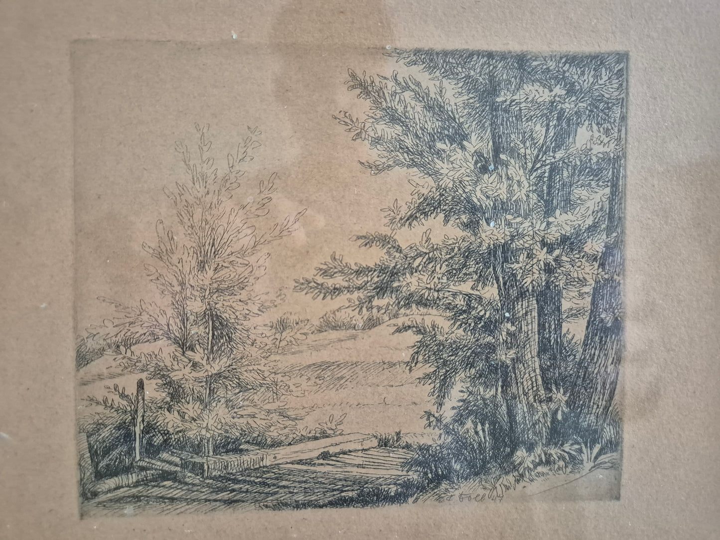 Radierung (XX) Gemälde Bild Landschaft Waldlandschaft gerahmt 18,5x22,5 cm