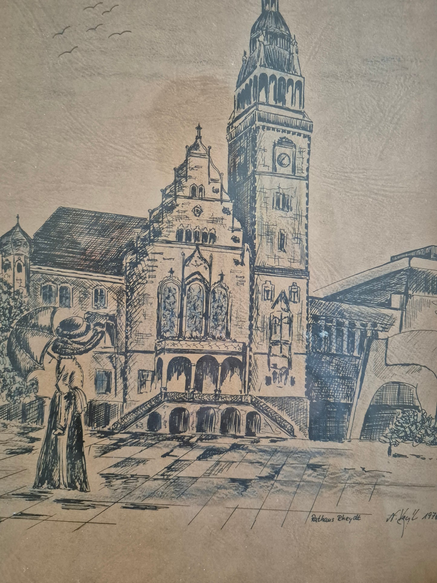 Lithographie Handsigniert N. Vogl (XX) Rathaus Rheydt 1978 22,5x32cm