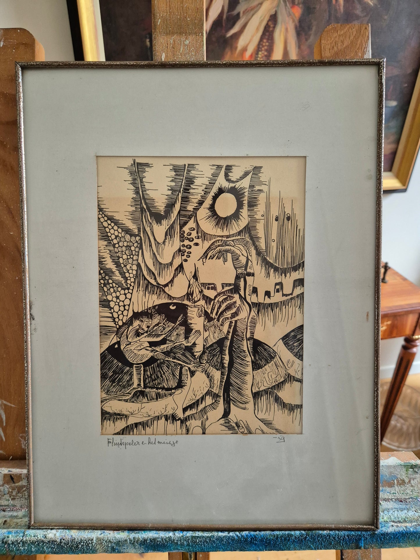 Original Grafik (1959) Surrealistische Szene Organischen Formen 32,5x42cm