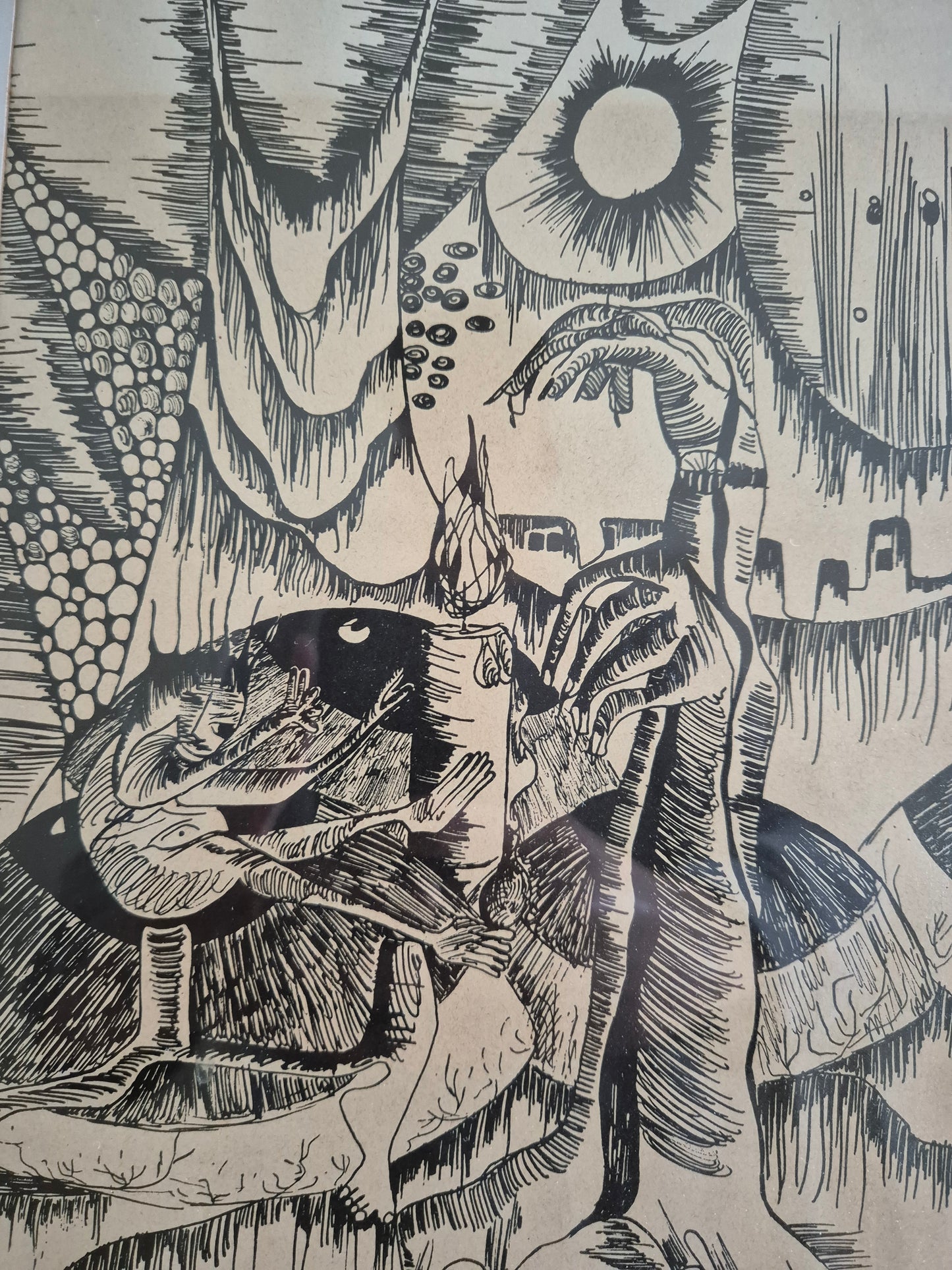 Original Grafik (1959) Surrealistische Szene Organischen Formen 32,5x42cm