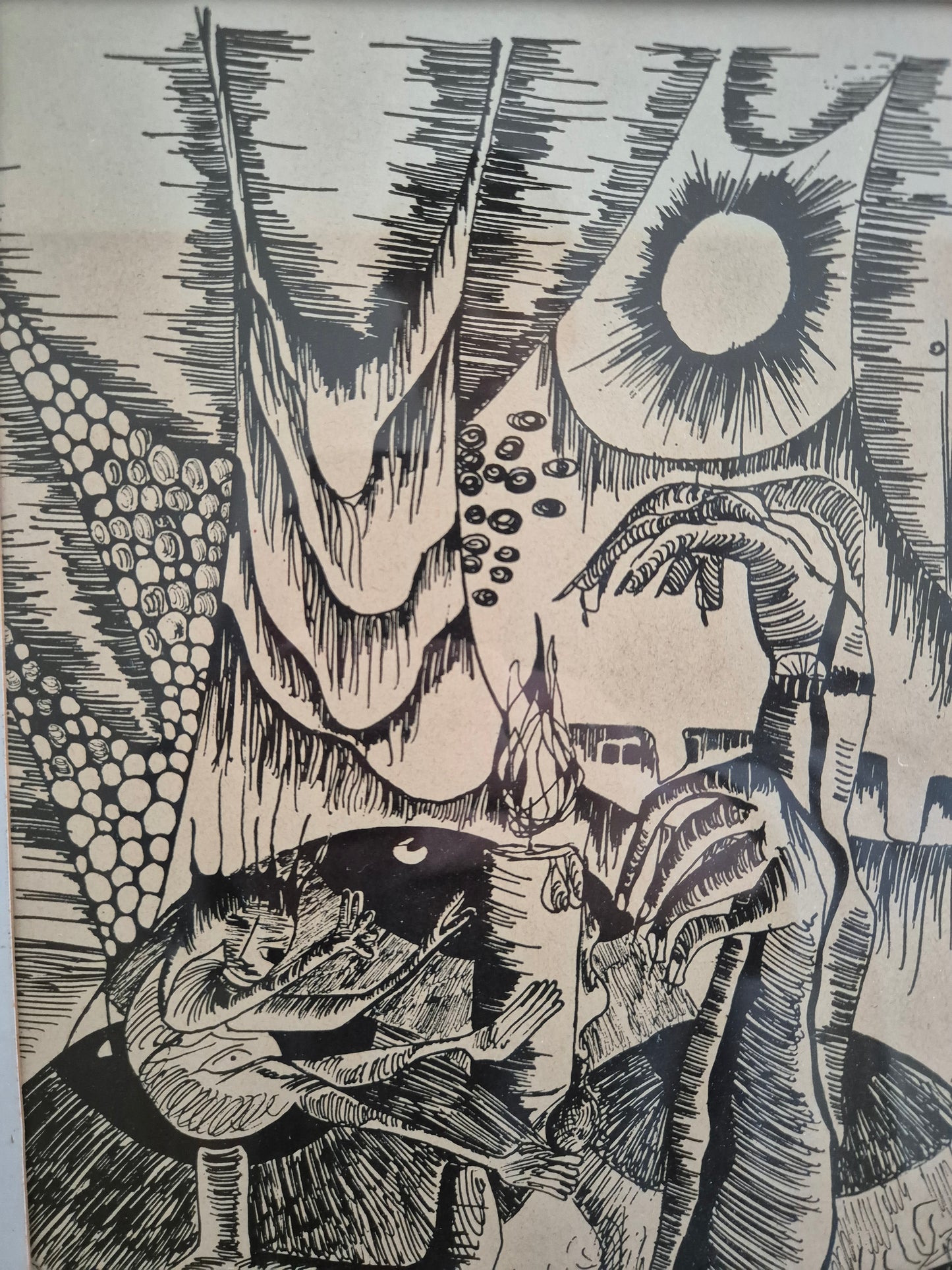 Original Grafik (1959) Surrealistische Szene Organischen Formen 32,5x42cm