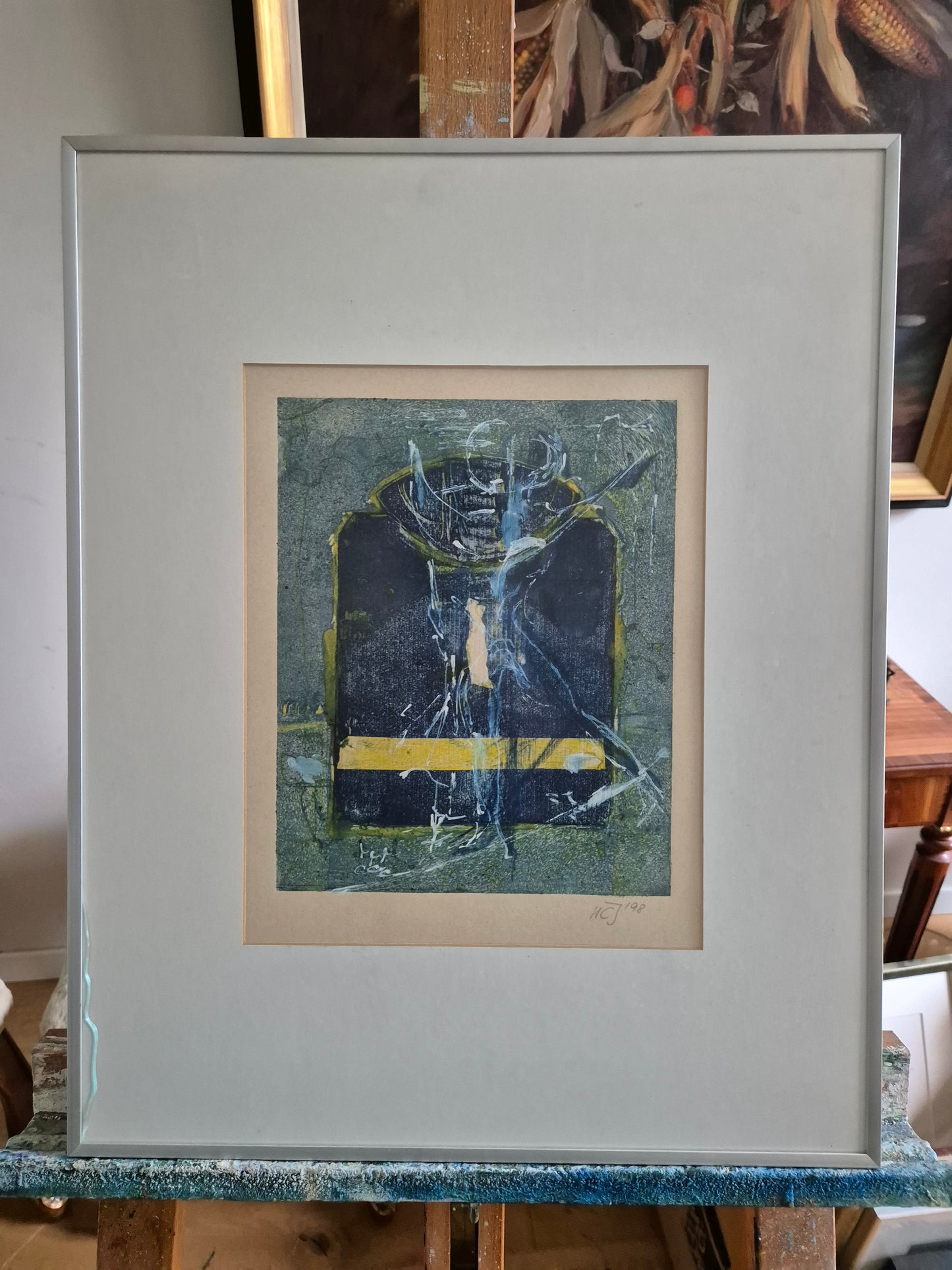 Gemälde Abstrakte Komposition in Blau, Gelb und Grün 41x51 cm